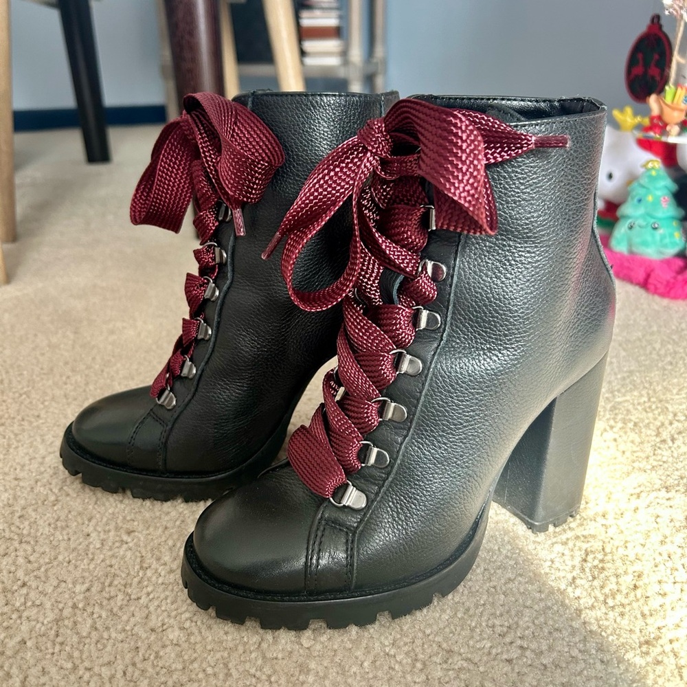 SCHUTZ Black Leather Boots with Burgundy Laces